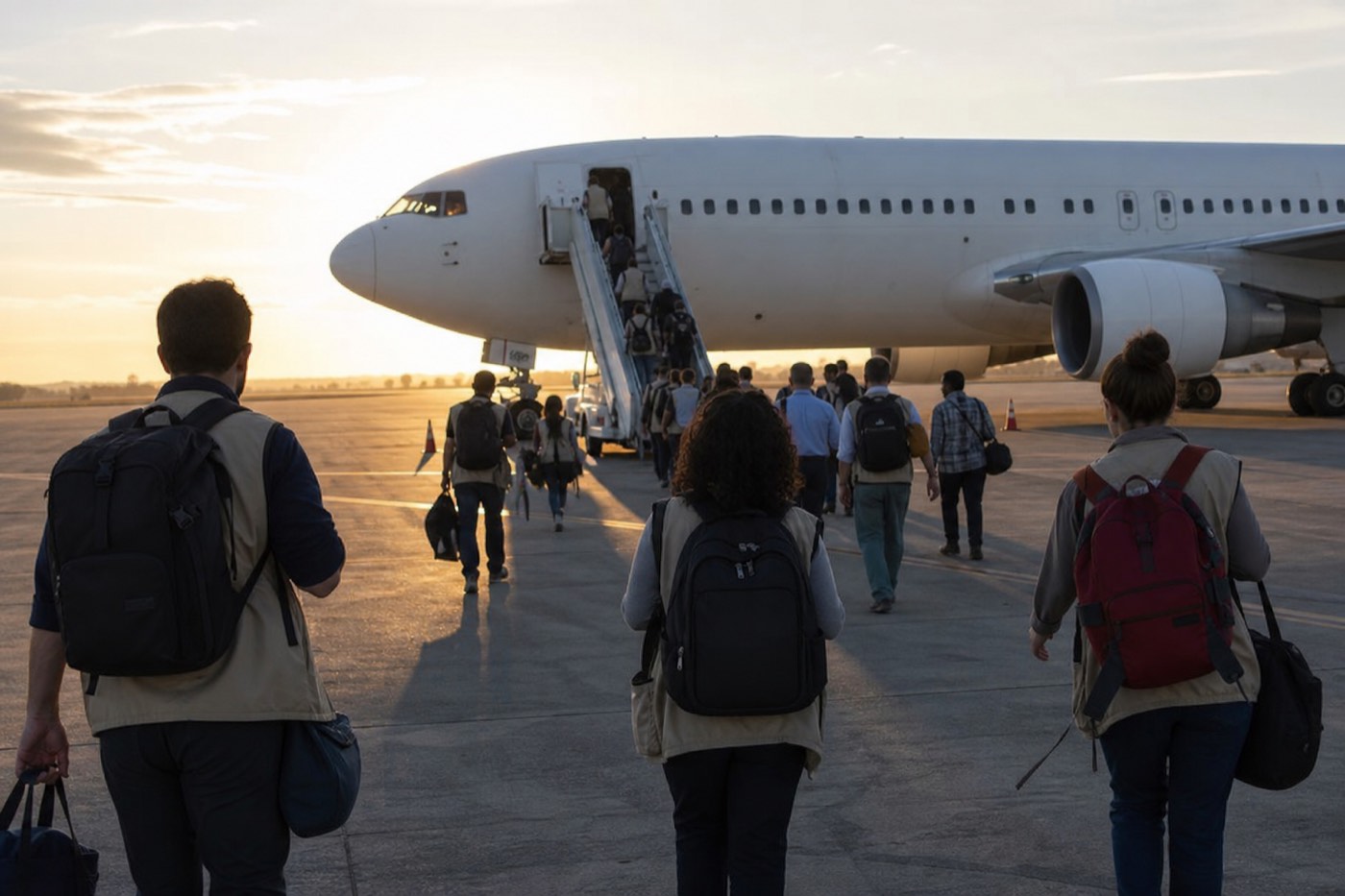 Aid workers walking toward an aircraft at dawn.